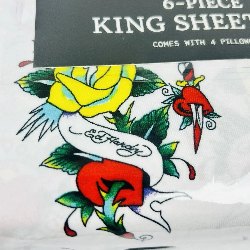 Ed Hardy King Size 6-Piece Tattoo Skull Butterfly Print White Sheet Set NEW
